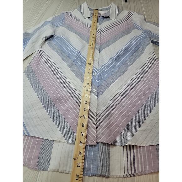 Chicos Linen Top Womens 2 White Pin Stripes Button Down No Iron Coastal Nautical - Picture 9 of 12